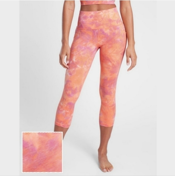 Athleta Pants - Athleta Salutation Pink Stripe Tie Dye High Rise Stash Pocket Capri Leggings